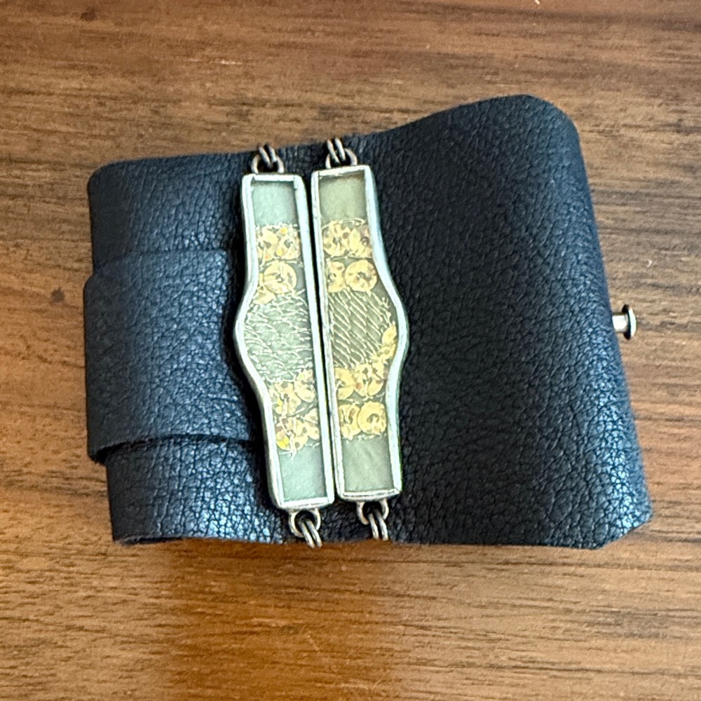 Black Leather Cuff Bracelet with Gold Accents